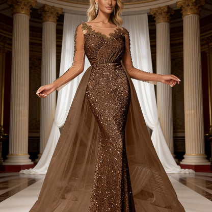 Women'S Multi-Color Sequin Mermaid Formal Gown | Long Sleeve Illusion Top Cape Train Evening Dress, Perfect for Prom, Gala Nights, Wedding Guest Events & Luxury Occasions