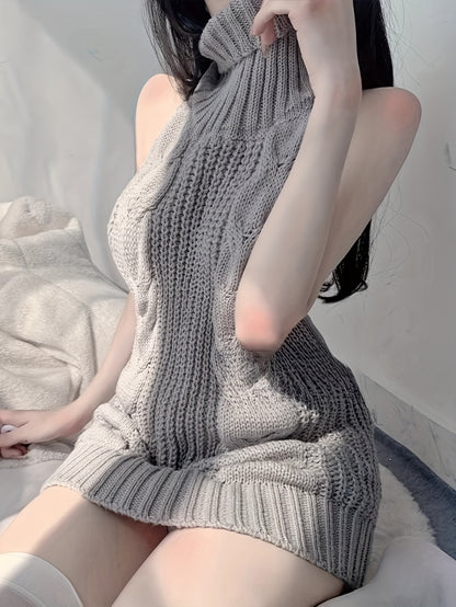 Women's Sexy Open Back One-Piece Sweater - Chic Backpack Jumpsuit, Soft Lounge & Formal Outfit, Hand Wash Only - for Date Nights, Casual Attire - Adult Women's Intimate Clothing, Romantic Attire, Backless Design, Textured Kni