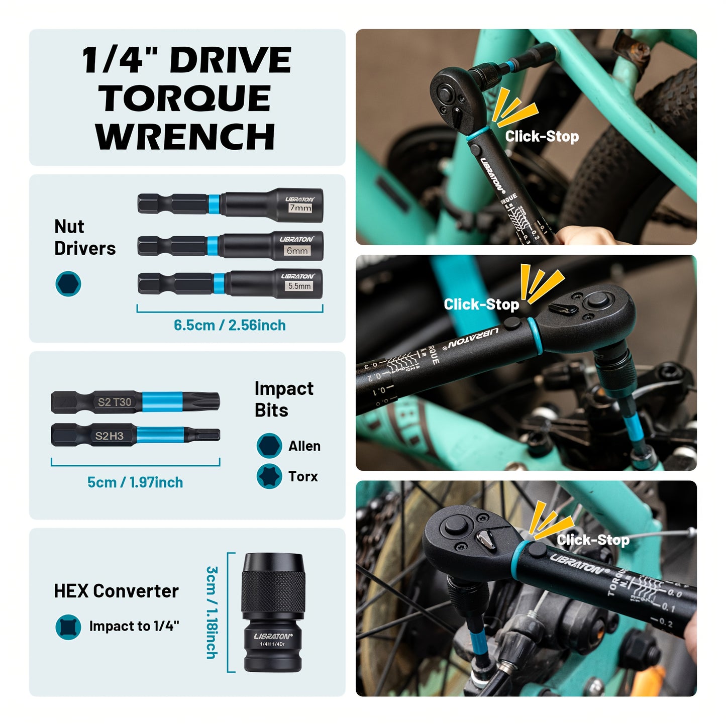LIBRATON Bike Torque Wrench 1/4"Dr 2-14 Nm, 21pcs Set 72-Tooth Gear Torque Wrench, 0.1 Nm Micro Click Torque Wrench Set, Hex & Torx Impact Bits, Nut drivers, Impact to 1/4" HEX Converter, Bicycle Repair Kit,  Bicycle Maintena