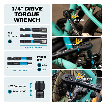 LIBRATON Bike Torque Wrench 1/4"Dr 2-14 Nm, 21pcs Set 72-Tooth Gear Torque Wrench, 0.1 Nm Micro Click Torque Wrench Set, Hex & Torx Impact Bits, Nut drivers, Impact to 1/4" HEX Converter, Bicycle Repair Kit,  Bicycle Maintena