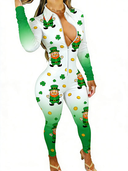 St Patrick'S Day Women'S Long Sleeve Jumpsuit | White-Green Gradient, Leprechaun & Golden Coins & Clover, Slim Fit, Lucky Fun Style 2Xs-2Xl