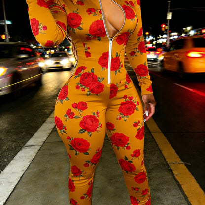 Red Rose Print Casual Women's Half Zipper Jumpsuit, Floral Pattern Casual Wear, Outdoor S Women's Long Sleeved Lapel Sweatshirt Jumpsuit, Fashionable Spring Half Zipper Slim Fit Jumpsuit, Women's Gift, Soft Fabric, Machine Wa