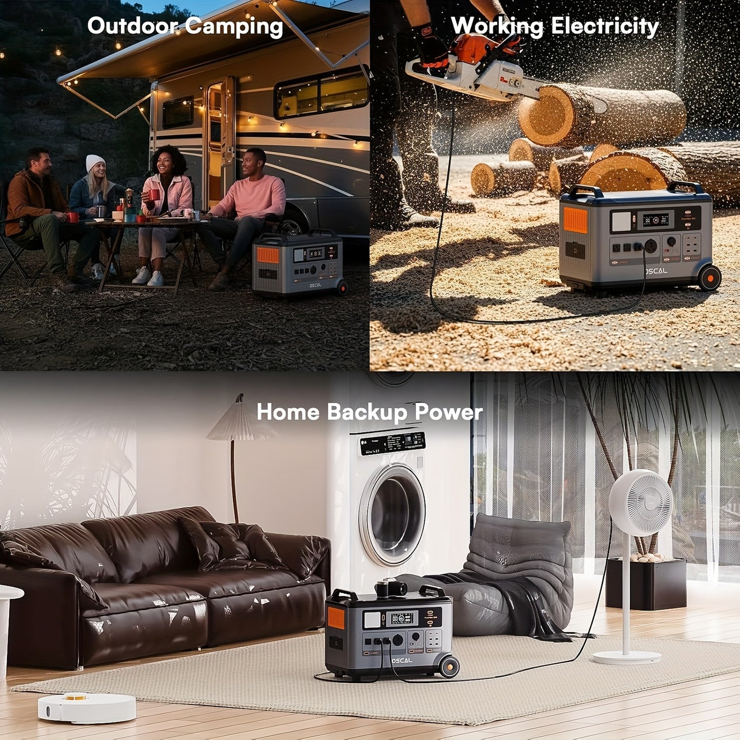 OSCAL 3600Wh Solar Generator PowerMax 3600 With 3x400W Panel, Solar Power Station With 4 AC (7200W Peak), 1.2H Full Charging, App Control Emergency Power Station For Home, Camping & RVs With A Bonus 30W Solar Panel