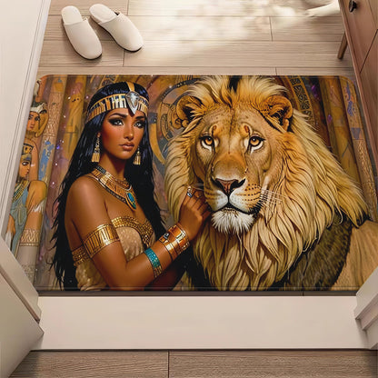 1pc Cleopatra and Lion Non-Slip Door Mat – Microfiber Absorbent, Machine Washable Polyester Rug with Egyptian Motifs, Perfect for Bathroom, Bedroom, Living Room