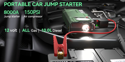 9000A Jump Starter with Air Compressor, 5in 1 Function Jump Box 150PSl JumpStarter Battery Pack with Digital Tire Inflator, Car Battery Charger Portable for 10L GasOr 9.0L Diesel Battery Charger, Car Jumper Starter Portable