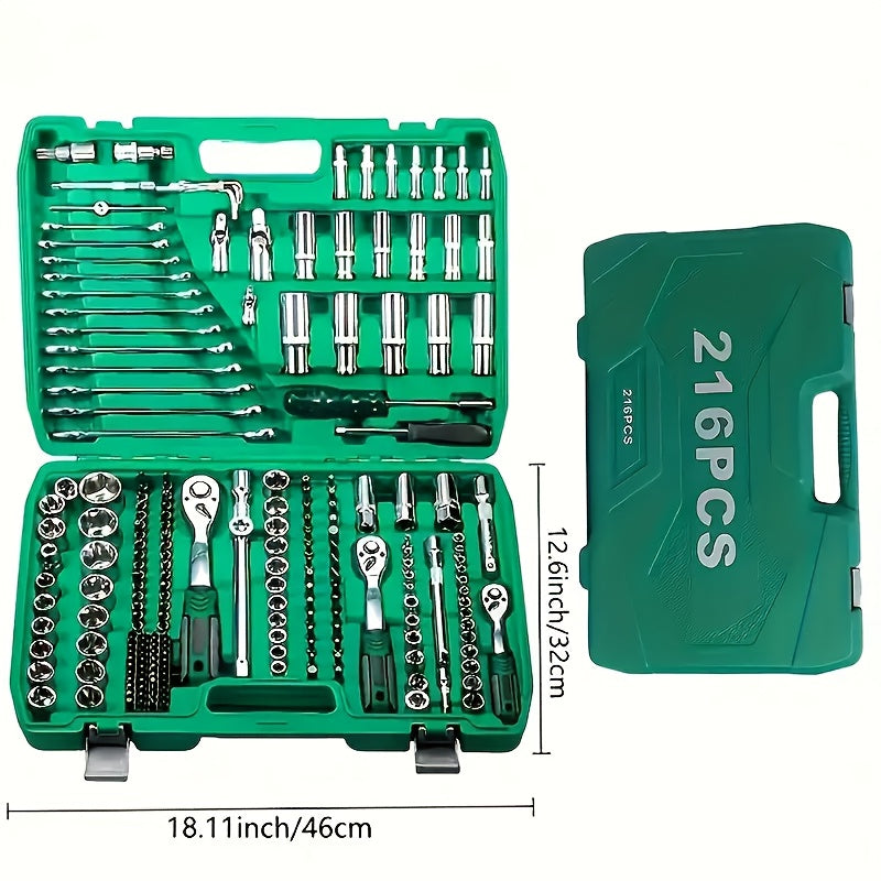 High-end Professional 216&45pcs Mechanical Tool Set, 1/2*1/4 Inch And 3/8 Inch Drive Depth And Standard Wrench Set, Torque Wrench, Auto Parts Repair And Household Mechanical Tool Set, Suitable for Vehicle And Bicycle Repair T
