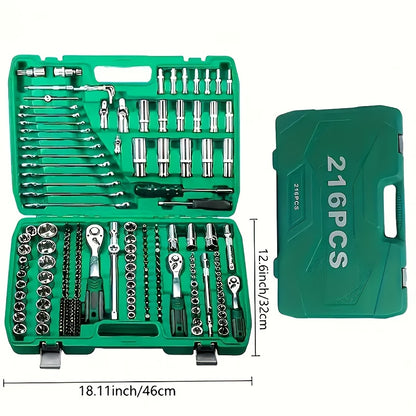 High-end Professional 216&45pcs Mechanical Tool Set, 1/2*1/4 Inch And 3/8 Inch Drive Depth And Standard Wrench Set, Torque Wrench, Auto Parts Repair And Household Mechanical Tool Set, Suitable for Vehicle And Bicycle Repair T