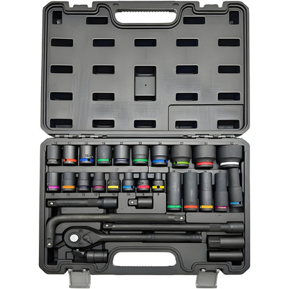 31pcs Heavy-Duty Pneumatic Tool Set with 1/2" Drive Thick-Walled Sockets, Air- Impact Wrench & Extended Tire Sockets - Fit for Car, Truck, Motorcycle, ATV, Repair - Professional Mechanic Tool Kit (No)