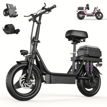 Peak Power 740W Electric Scooter With Free Seat & Basket - 48V10/15AH Battery, Dual Suspension, 20MPH, 10-35 Miles, LCD Display, 330lbs Max Load (Best For Commuting) Folding Ebike Adult Mini Electric Bike Equipped With Intell
