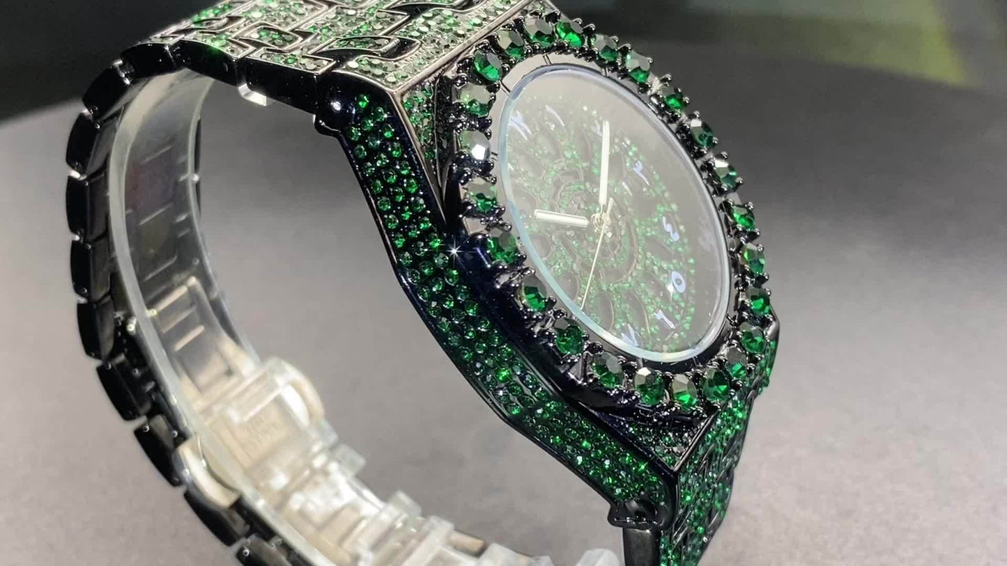 Men's Hip-hop Watch, Dating Party Men's Watch, Large Dial Green Ice Rhinestone, Luminous Pointer Clock, Men's Luxury Gift