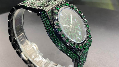 Men's Hip-hop Watch, Dating Party Men's Watch, Large Dial Green Ice Rhinestone, Luminous Pointer Clock, Men's Luxury Gift