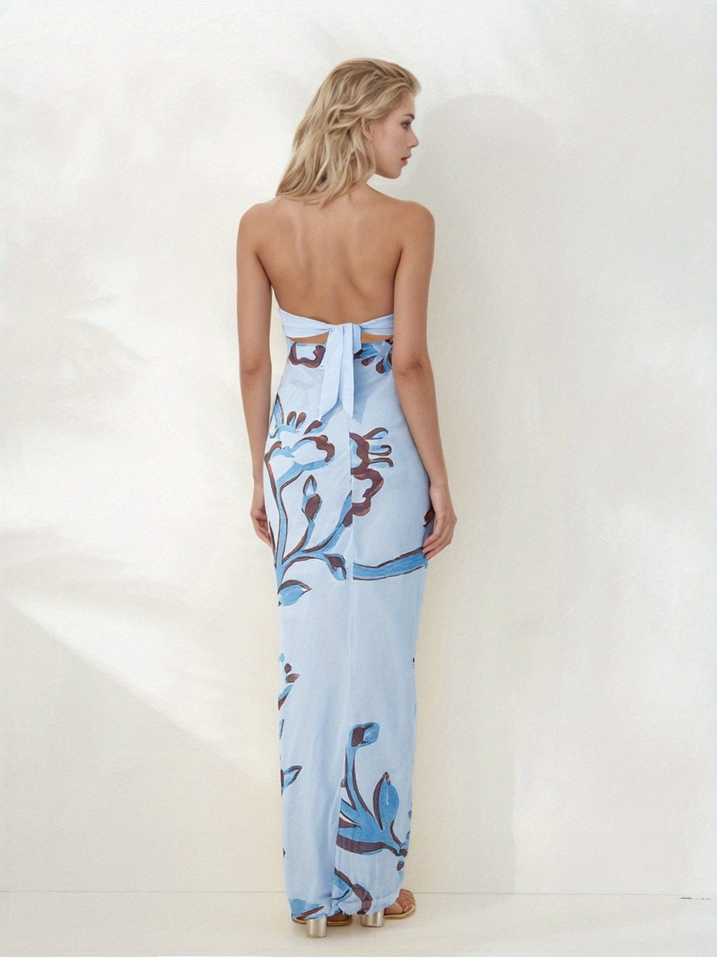 Women's Elegant Strapless/One-Shoulder Hollow Out Floral Print or Solid Pink Tube Bodycon Maxi Dress with Bow Tie Back - Mermaid Silhouette Long Formal Evening Party Wedding Dress, Hand Washable Summer Dress for Women, Stylis