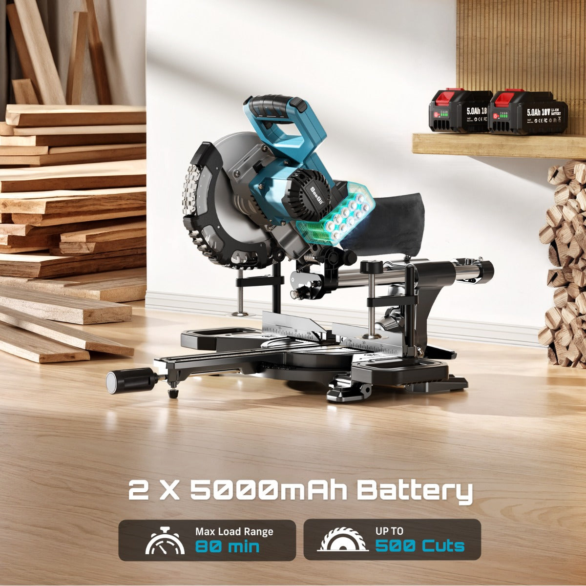 SEESII Sliding Compound Miter Saw: Cordless Electric Miter Saw with Laser Guide, 8-Inch, 2 * 5000mAh Batteries, Single 45° Angle, 24T TCT Blade, Max Cutting 2.5*12 Inches, Perfect for DIY and Woodworking, Miter Saws For Wood