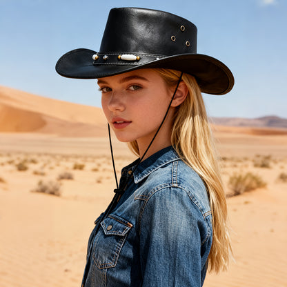 1pc Black Casual Fashion Funky Wide Brim Lightweight Western Cowboy Leather Hat for Men Women, Ideal for Party and Dating, Festival Wear, for party Accessory, Funky Style, Stylish Headwear, Durable Material, Lining, Unisex Ha