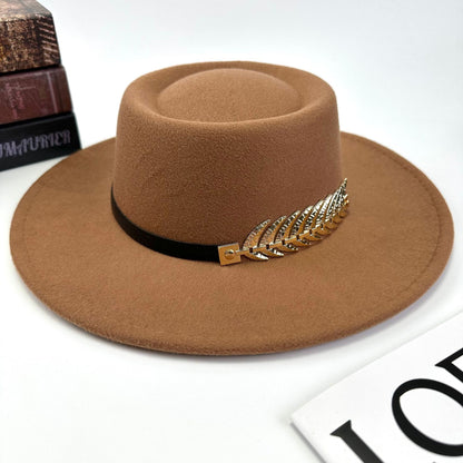 1pc Women'S Retro Wide-Brimmed Fedora Hat with Metal Crescent & Black Leather-like Band - Vibrant Orange/Red/Green/Black/Navy Blue/Purple/White - Elegant Non-Stretch Design for Autumn Winter, Music Festivals, Christmas & Dail