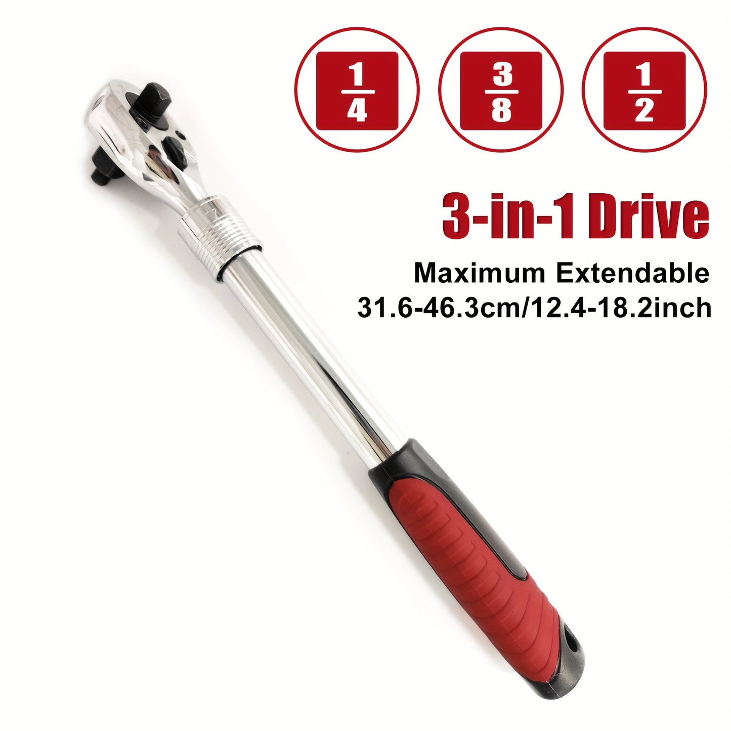 [3-in-1 Ratchet Wrench] PMMJ 3-in-1 Extendable Ratchet Wrench, 72-Tooth, Reversible, Quick Release, Carbon Steel, 1/2" & 3/8" & 1/4" Drive | Extra Long, Maximum 463mm/18.2inch, White Red Black, Interchangeable, for Auto Car M