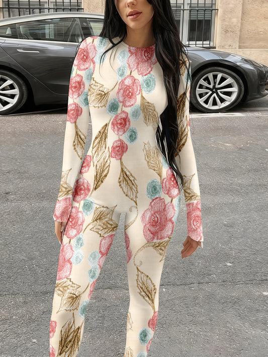 Asual Fashionable Sexy Long Sleeved Tight Fitting Jumpsuit Autumn Women's Trendy Printed Jumpsuit Top Women's Clothing