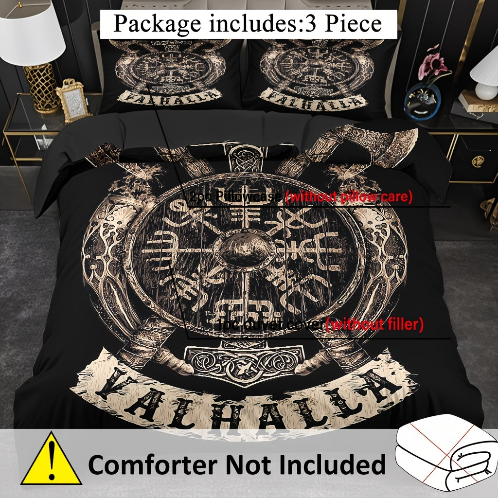 Norse Rune Theme Duvet Cover Set, Soft High-Definition Digital Print, Black And Brown, All-Season, Perfect Gift, Soft Breathable 100% Polyester, Machine Washable, Includes 1 Duvet Cover And 2 Pillowcases, Ideal For Family And