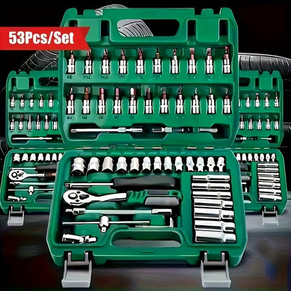 High-end Professional 53pcs Tool Set, Auto/bicycle Repair Machinery Kit, 1/2 Inch *1/4 Inch 3/8 Inch Drive Depth And Standard Wrench Set, Race-grade Auto Parts Repair Ratchet Wrench And Other Auto Repair Accessories Tool Set