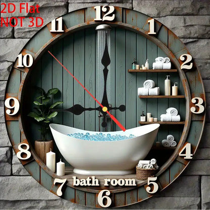 2D flat printing, retro silent wall clock for room decoration, "Relaxing Bath Time: Essential bathroom Supplies", 10 inches, non-luminous, wooden quartz design, suitable for Halloween and Christmas, home/cafe/wall art decorat