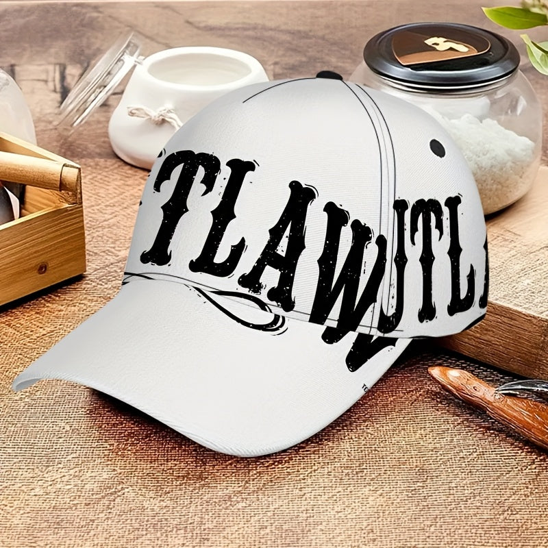 1pc 2D Outlaw Script Print Baseball Cap - Full-Body Vibrant Polyester Hat, Adjustable Snapback for Running, Sports & Casual Streetwear., Outdoor Headwear, Trendy Streetwear, Breathable Fabric, Durable Hat, Fashion Hat, Street