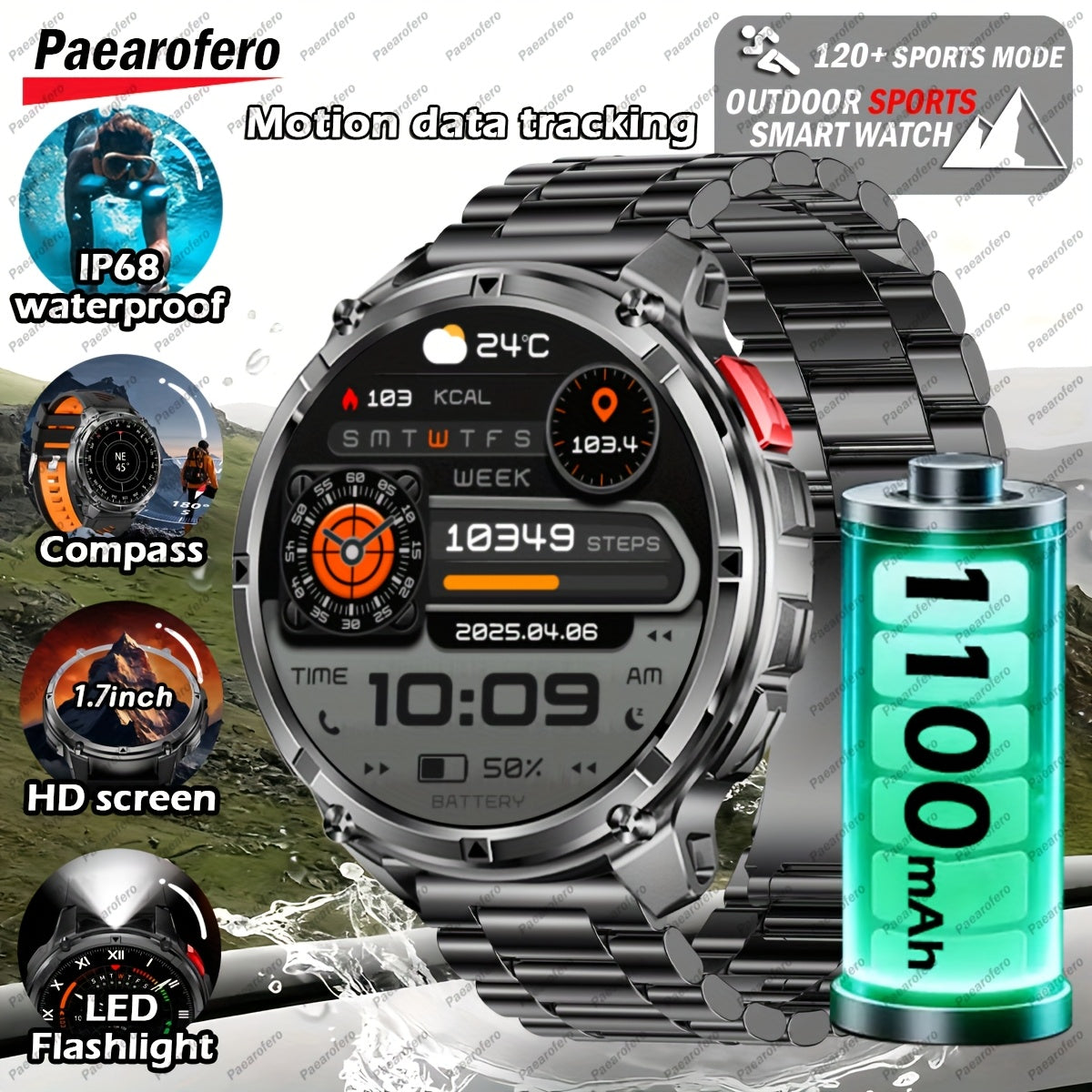 2025 Men's smart watch, 1.7-inch HD display, 1100mAh large-capacity battery, 90-day standby time, outdoor compass, wireless call, LED flashlight, 200+ dials, voice assistant, Men's watch, 120+ sports modes, fitness tracker wa