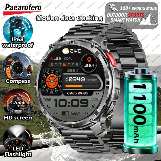 2025 Men's smart watch, 1.7-inch HD display, 1100mAh large-capacity battery, 90-day standby time, outdoor compass, wireless call, LED flashlight, 200+ dials, voice assistant, Men's watch, 120+ sports modes, fitness tracker wa