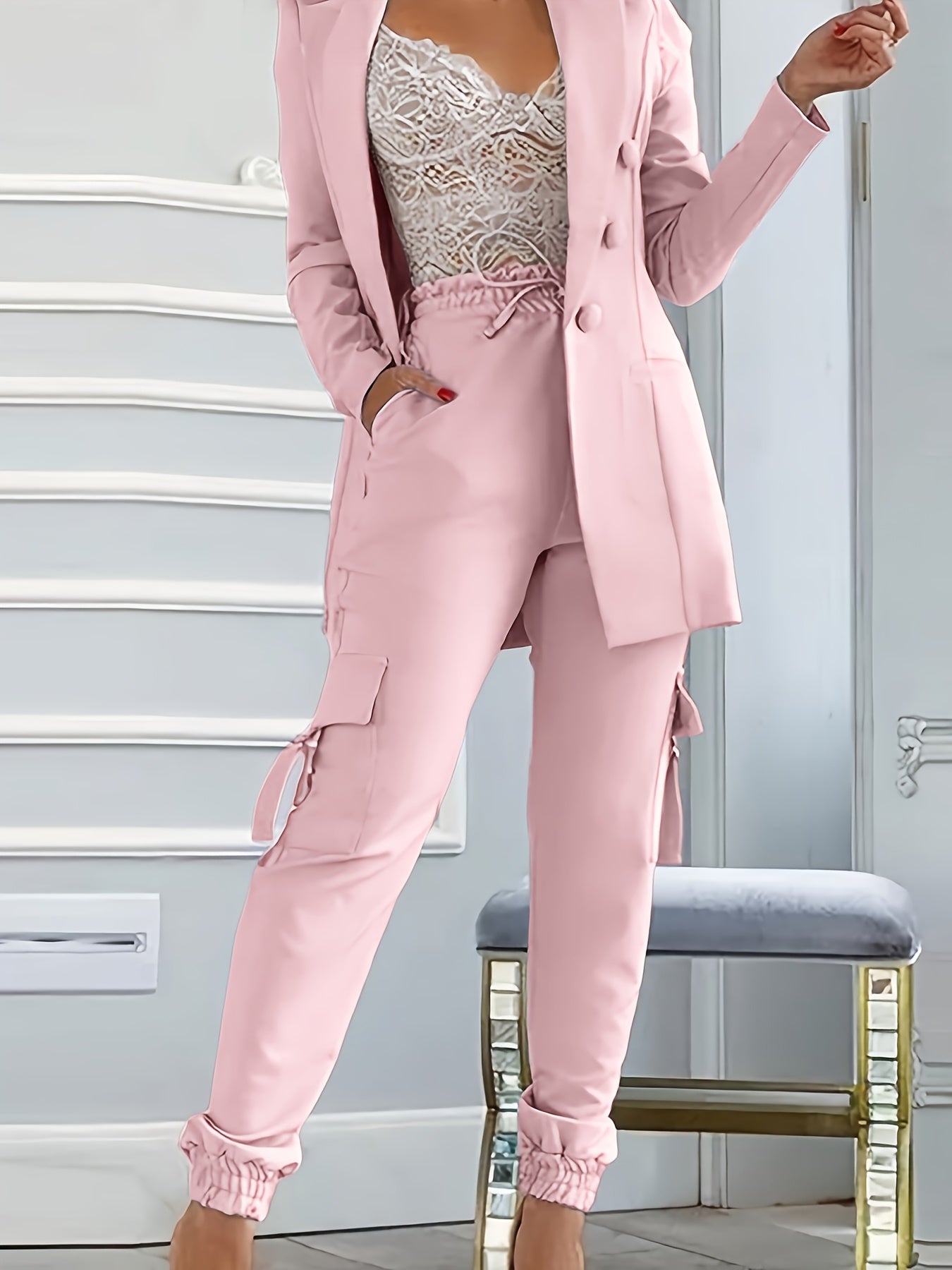 2025 Spring and Autumn Fashion Women's Solid Color Temperament Casual Suit Jacket + Elastic Waist Cuff Pants Set Commuter All-match Two-piece Set