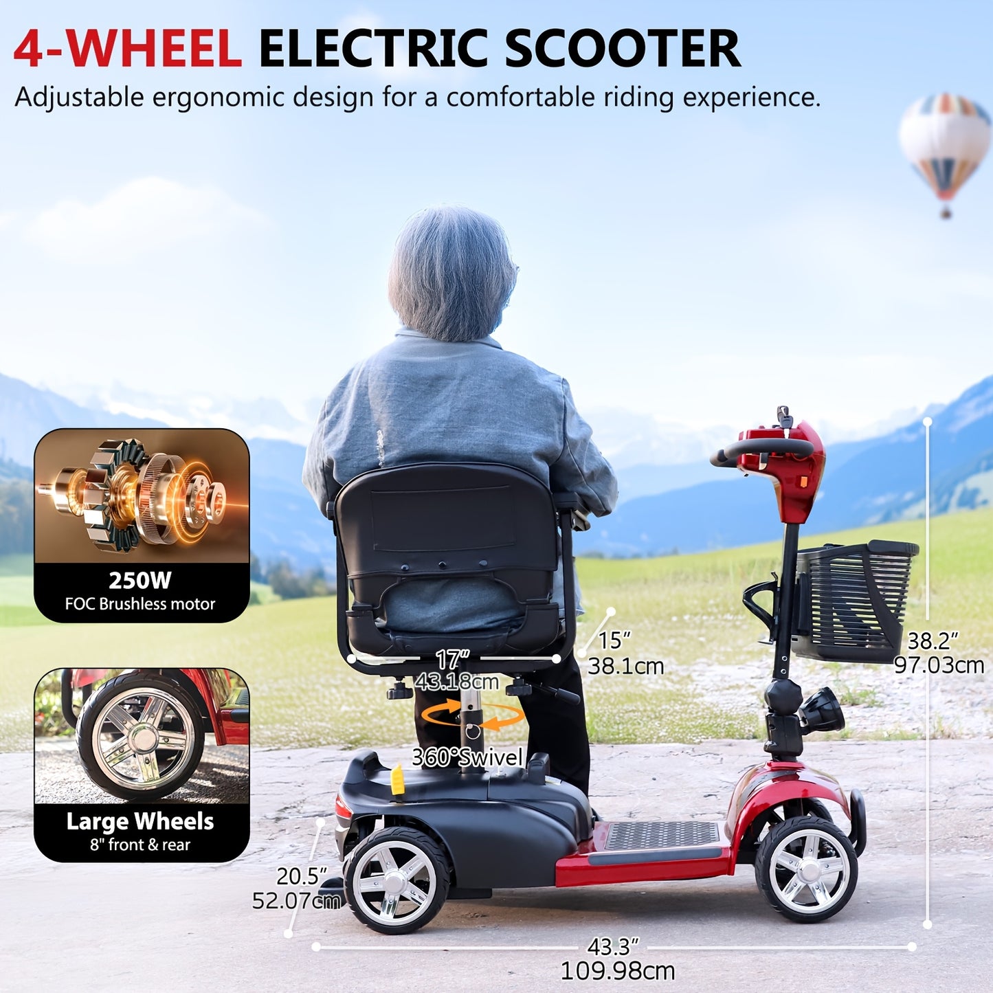 All-Terrain Foldable Mobility Scooter for Adults - 250W High-Speed Motor, 14-Mile Range, 265lbs Capacity, Large 8" Wheels with Shock Absorption, LED Headlight & Horn, Basket & Cup Holder - Grass, Gravel, Hills, Lawns, Sidewal