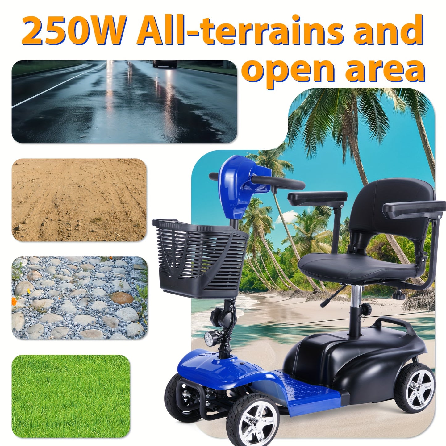 4-Wheel Electric Mobility Scooter for Adults & Seniors - 15-mile Range, 6 Mph Speed, 24V 12Ah, Equipped with LED Headlights And Adjustable Swivel Seat. Powered By A 250W Motor, It'S The Perfect Companion for Outdoor Camping T