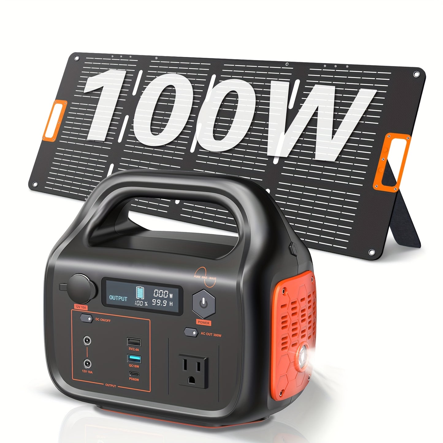 300W 120V Portable Power Station, Charging Station with 100W Solar Panel Included, 110V AC Outlets, DC Ports, LED Flashlight, And Lithium Battery Backup for Household Supplies, Outdoor Travel, Camping, And Blackout Emergencie