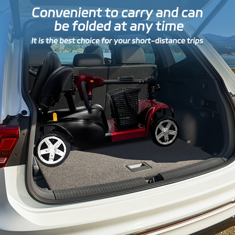 The Foldable Mobility Scooter Features A 250W Motor And Reaches A Speed Of 6 Mph.This Senior-friendly Scooter Has A 15-17 Mile Range, 13.5Ah Battery, All-terrain Tires, And Comes with A Detachable Seat, Basket, Phone Holder,