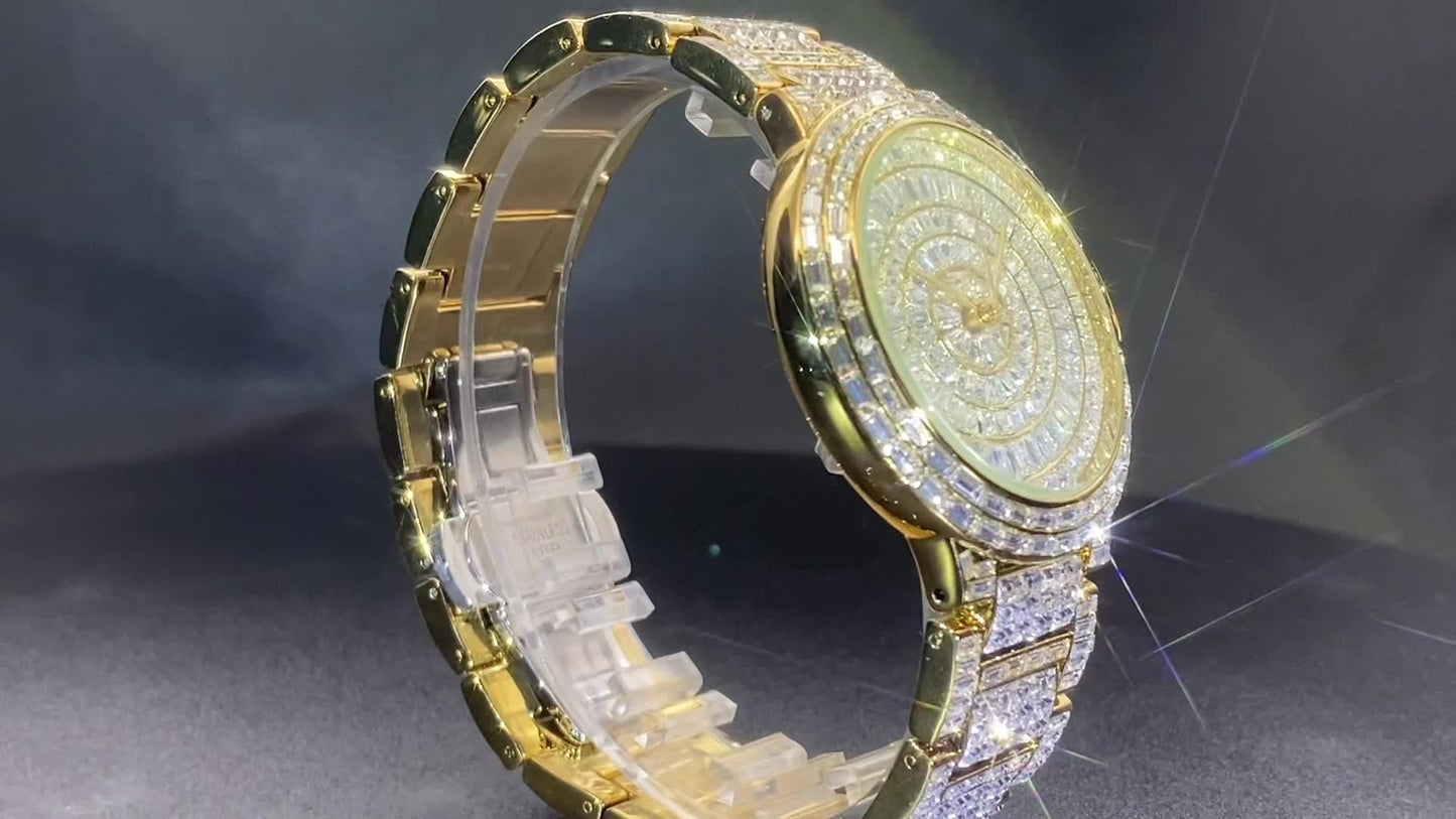1pc PLADEN Luxury Men'S Square Ice Watch with Rhinestones, Fashion Hip-Hop Faux Faux Faux Gemstone, Round Dial, Alloy Band, Quartz Movement, Battery Operated, Water Resistant, for Party, New Year, Independence Day, Ramadan