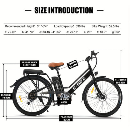 Electric Bike For Adults, 26 Inch Step Through Electric City Cruiser Bicycle, 350W Commuter Ebike With 36V Removable Battery And 7-Speed Gears, Electric Street Bike Women&Men