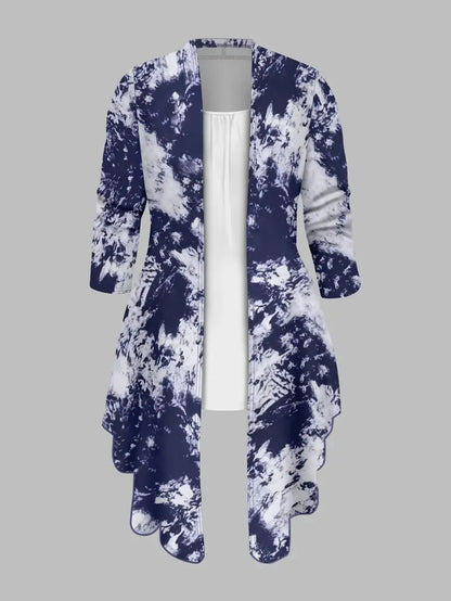 A Blue And White Tie-Dye Three-Piece Set: Long Cardigan + Top + Denim Trousers. Women'S | Stylish And Casual Design, Suitable for Everyday Outings And Casual Wear.
