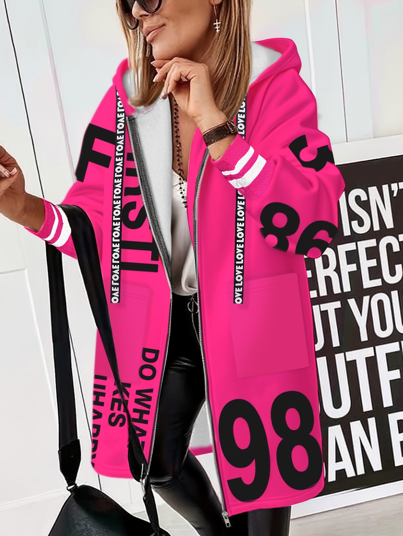 Women's Winter Hooded Jacket with 'LOVE' Lettering & -1 Zippered Coat, Striped Cuff & Pocket Design, Casual Warm Outerwear for Fall/Winter, (Machine Washable) - Everyday Outer Layer, Sweater-like Blazer Style