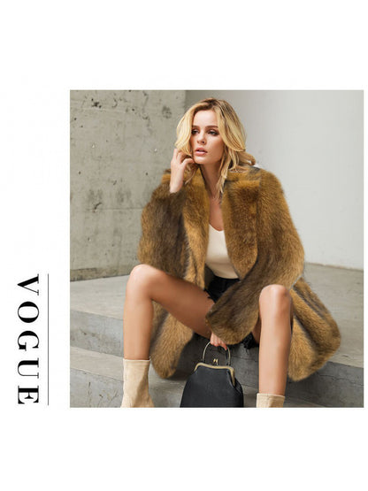 Women'S Elegant Luxurious Mid-Length Faux Fur Coat - Soft Warm Imitation Rabbit & Fox Fur Jacket, Solid Color Winter Outerwear with Full-Length Lining, Cozy Fall/Winter Coat for Casual & Formal Outfits, Versatile Everyday to