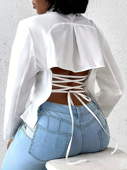 Women's Elegant White Blouse with Crisscross Back & Adjustable Waist Tie - Long Sleeve X-Silhouette Top, Machine Washable Spring Office Wear, Casual Chic | Singlesleeve Design