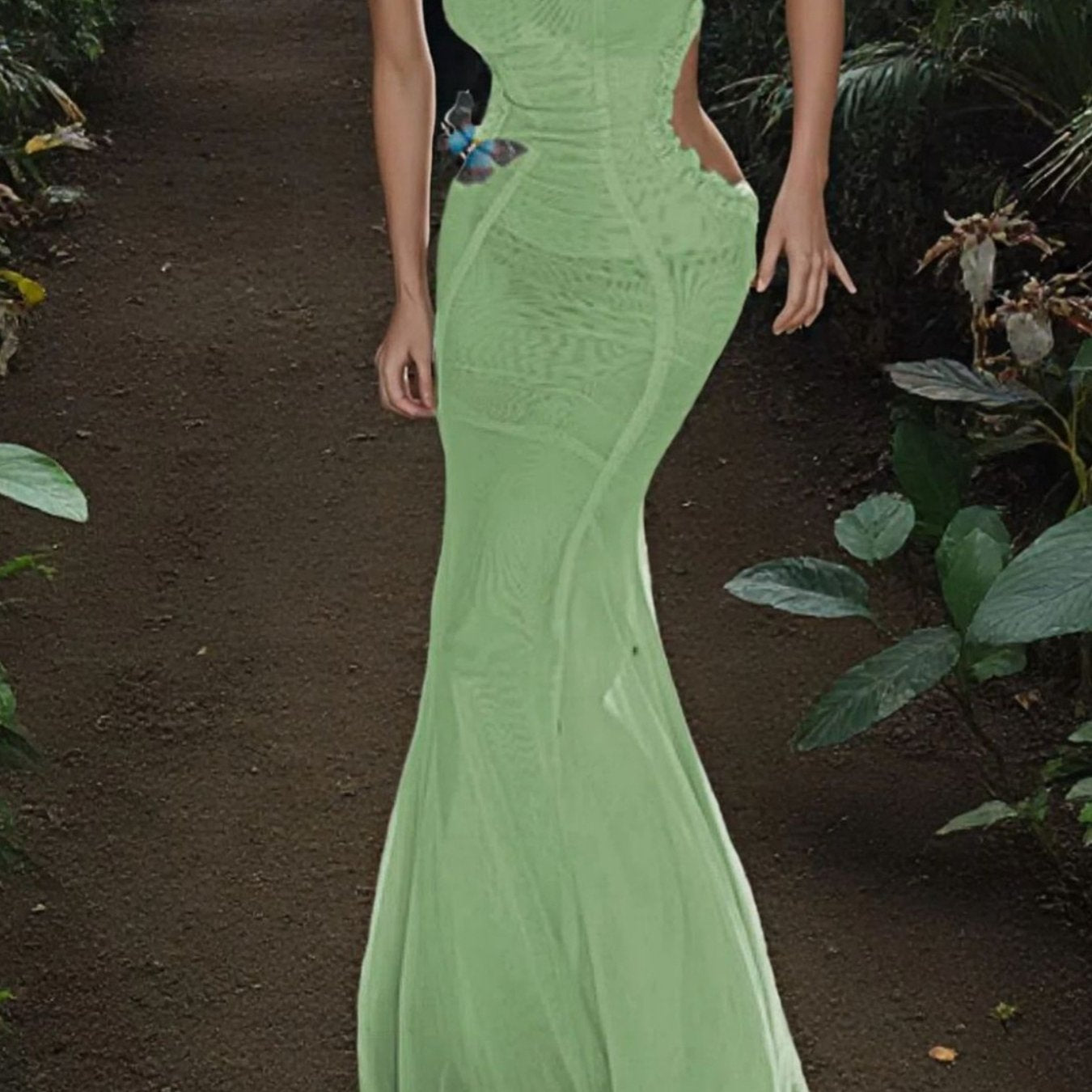 Scacto Women'S Elegant Butterfly Halter Backless Mermaid Gown - Solid /Color Formal Party Wedding Evening Dress with Keyhole Neckline, Long Sleeve & Train, Mermaid Hem, Belted Waist - Spring Summer Fall Formal Attire, Elegant
