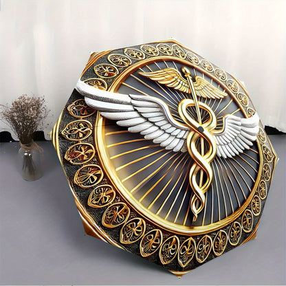 Automatic Folding Umbrella with Caduceus Symbol (Wings & Snakes) - Automatic Open/Close, Compact Travel Umbrella, Elegant Golden/Black Medical Design for Doctors, Nurses, Pharmacists - Birthday/Christmas Gift Idea, Outdoor Ac