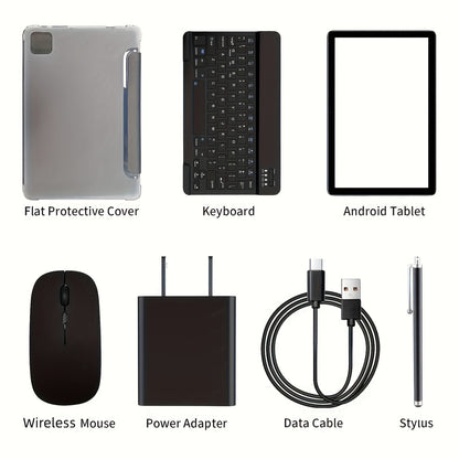 PRITOM Tablet 10.1-inch Android 14 operating system Tableta, 2-in-1 tablet with keyboard, mouse, protective case, stylus, 128GB ROM+(4GB+4GB expansion) RAM, 8MP dual camera, 8-core processor, 8000mAh battery, 1280 * 800IPS hi