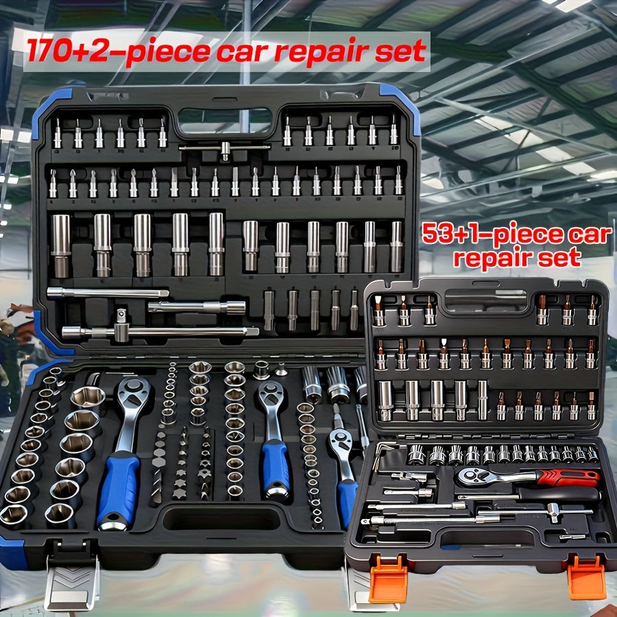 170+2/53+1pc Professional Car Repair Tool Set, Ratchet Wrench And Durable Toolbox, 1/2 * 1/4 "3/8" Drive Depth And Standard Socket, Suitable For Car Repair, Home And Projects, Worry Free Operation For Men And Women, Christmas