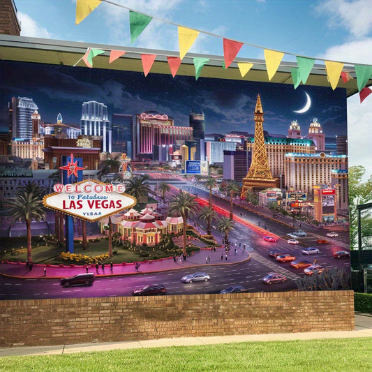 1pc Las Vegas Night Scene Polyester Banner - Vibrant Cityscape with Eiffel Tower, Lights, and "Welcome to Fabulous Las Vegas" Sign - Ideal for Home, Room, or Party Decor, Party Backdrop | Urban Night Theme | Durable Decor Mat