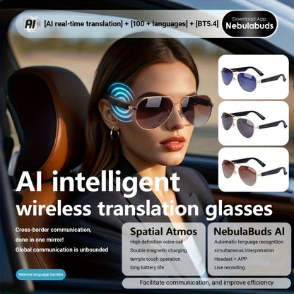 2025 AI Translation Glasses: Real-Time 100+ Languages, Wireless Wireless, Built-in Mic/Speaker, HD Voice & Music, AI Voice Control, Camera, Blue Light Protection, Magnetic Charging, Dual Sound - Stylish for Office, Fitness, H