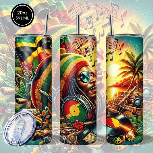 1pc 20oz/591ml Stainless Steel Tumbler - Insulated Travel Mug with Leakproof Lid, Reggae-Themed Design w/ Rastafarian Flag Colors, Tropical Palm Trees & Vinyl Records - Rust-Resistant, Detachable Cover for Hot/Cold Drinks - C