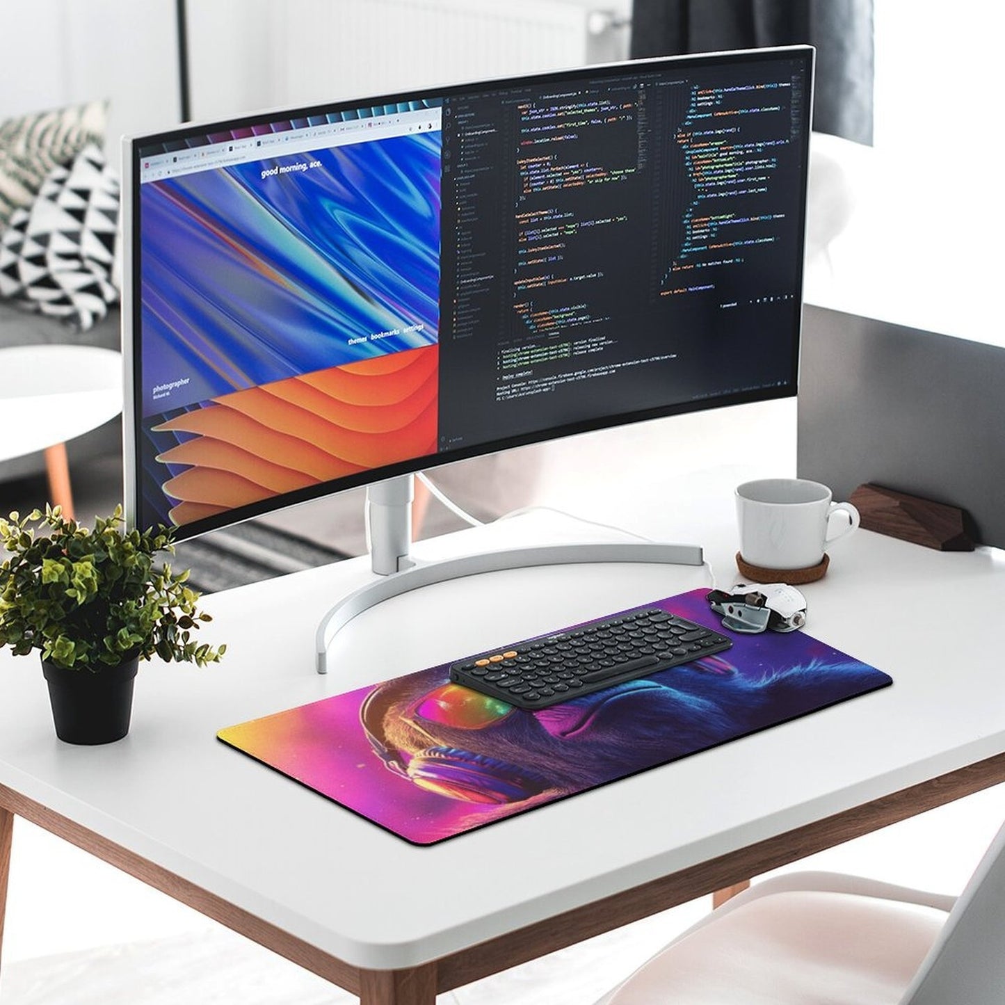 Large Gorilla DJ Mouse Pad & Desk Mat - Non-Slip Washable Rubber Base, Neon Gorilla Headphones & DJ Turntable Design, Gaming/Office Computer Mat for PC/Laptop, Durable Desk Accessory for Music Producers & Tech Enthusiasts