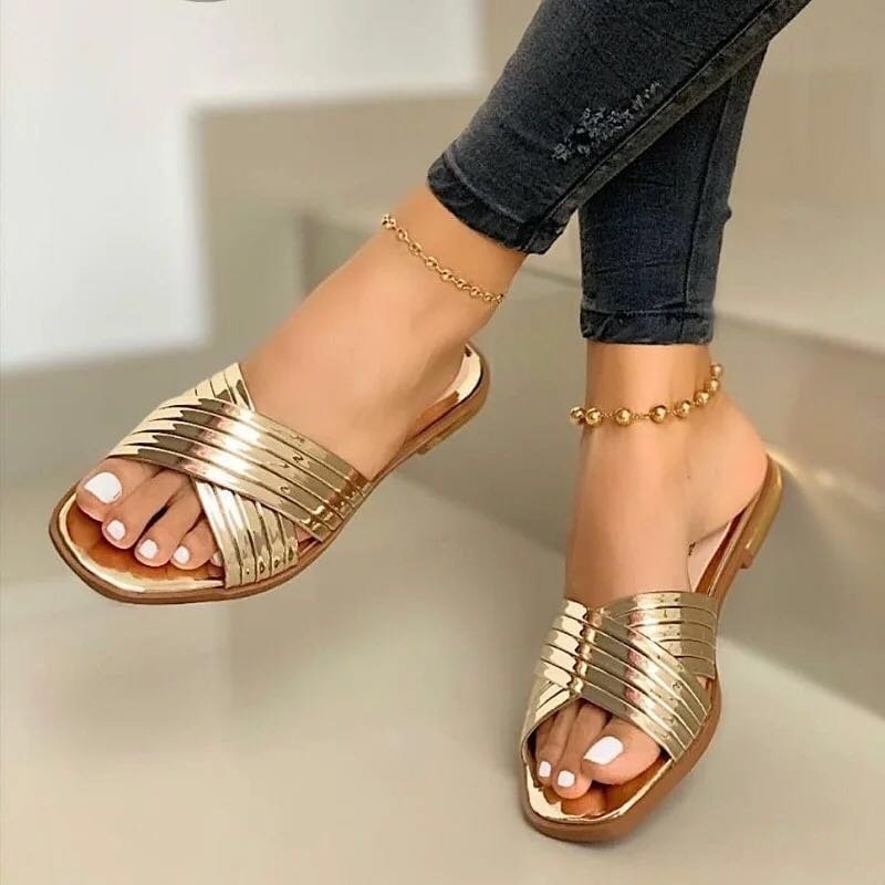 Women's Slip- Comfortable Flat - Open-Toe Mules with Arch & Cushioned Insole, Low-Heel PU Sole, Golden Buckle Strap - Casual to Formal Summer Shoes (EU 36-43, US Women's 5-10) - Ideal for Beach, Office, Semi-Formal Events - E