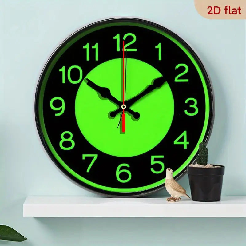 12 Inch Neon Green Glow-in-the-Dark Wall Clock - Retro Modern Minimalist Design with Large Easy-to-Read Numbers, Silent Non-Ticking Battery Operated, Wood Frame & Hands - Ideal for Living Room, Bedroom, Kitchen, Office - AA B