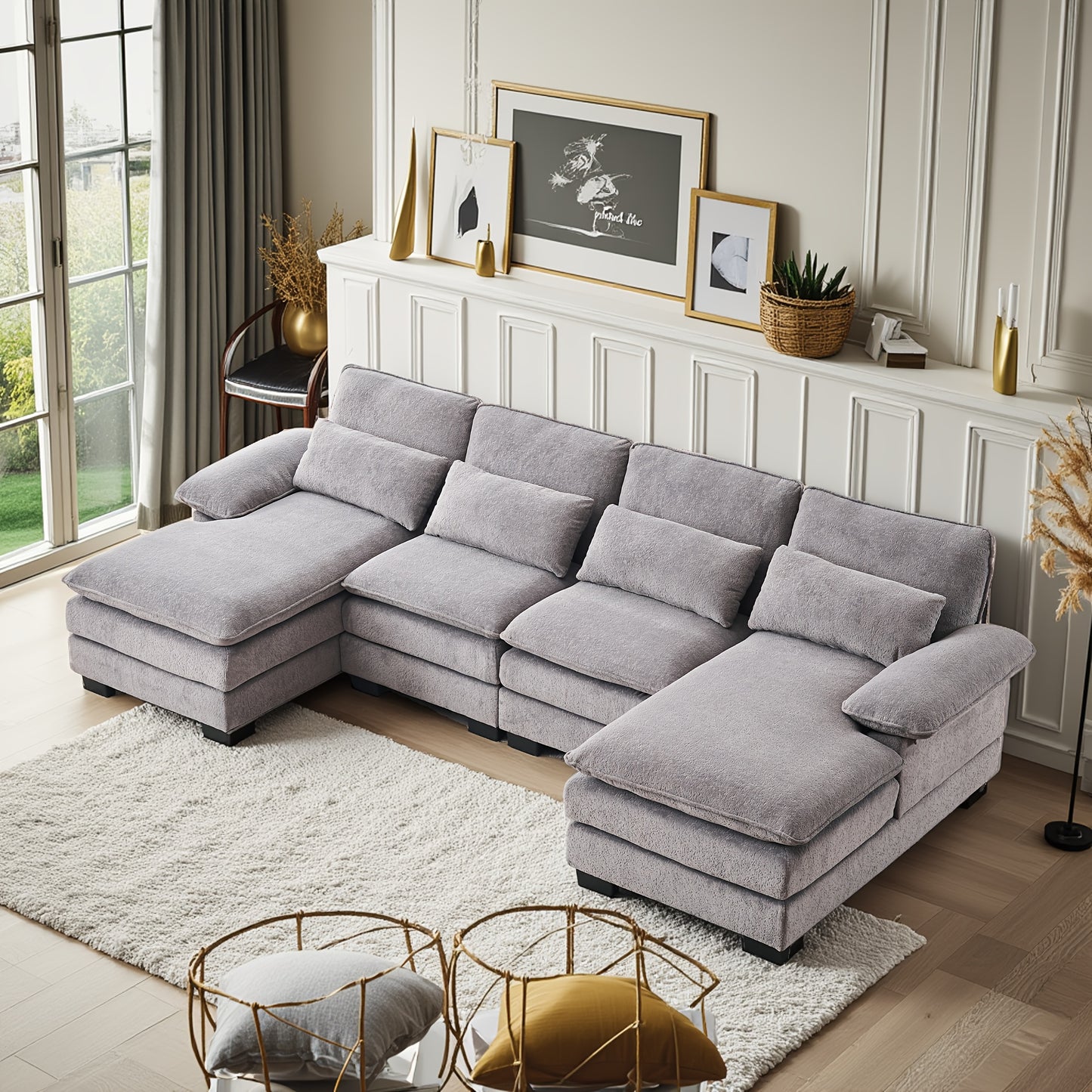 110'' U-Shaped Comfort 4-Seater Cloud Sofa, Modern Deep-Seat Comfort Living Room Sofa, Chenille Fabric