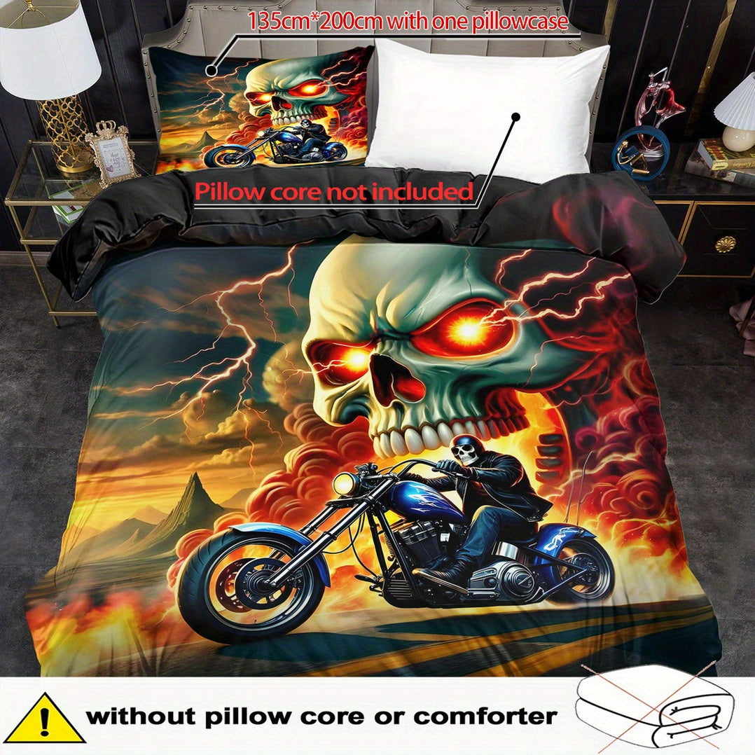 2/ 3pcs Quilt Cover Set, Motorcycle Skeleton Print Duvet Cover Set, King Queen Style Bedding Set, Polyester Machine Washable, Quilt Decoration, Bedroom Guest Room, Birthday Gift (Includes 1 Duvet Cover + 1 or 2 Pillowcases, N